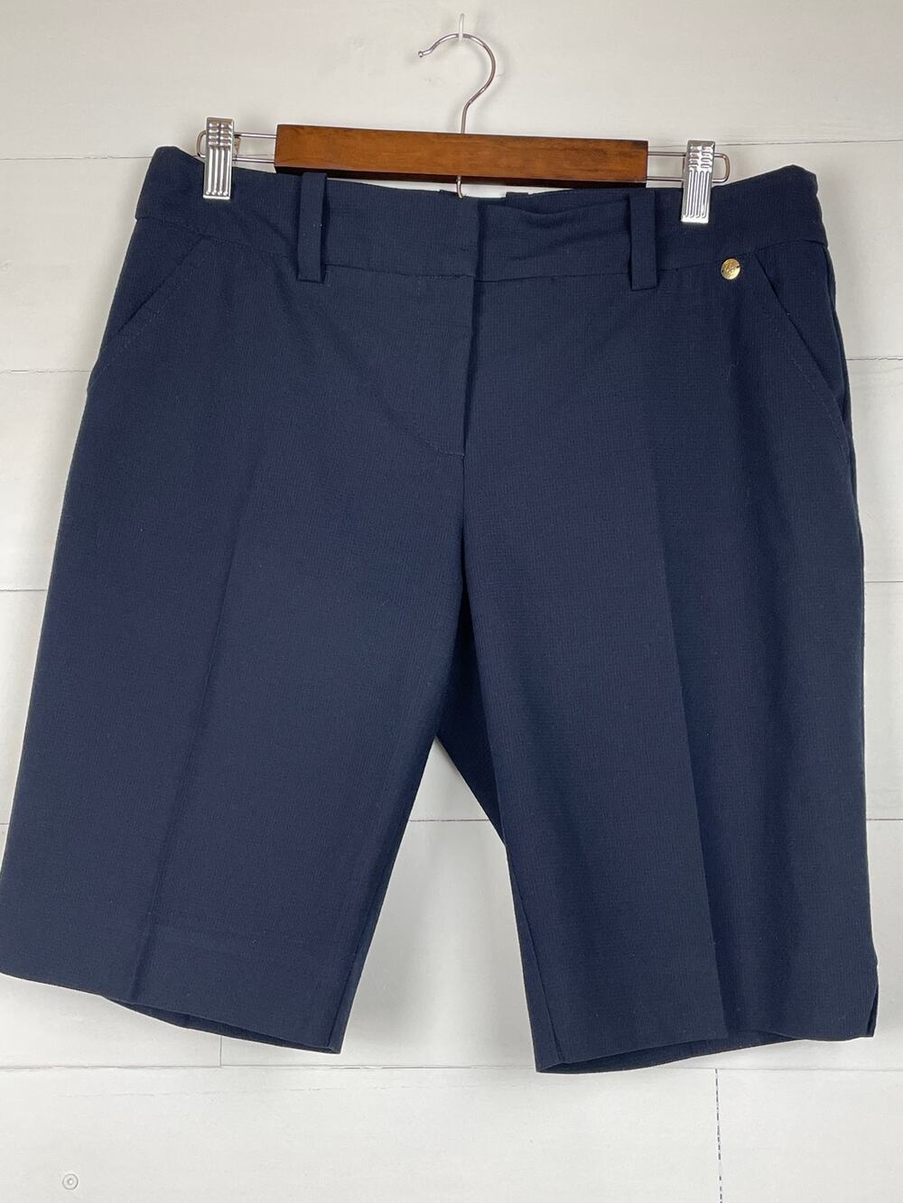 Trina Turk Tailored Navy Blue Bermuda Shorts Size 6 Style 150511 Gold Logo